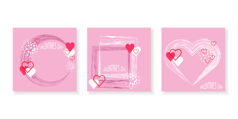 Happy Valentine's Day. Hand drawn set of templates with hearts and grunge frames.Trendy backgrounds design for covers, greetings, holidays, posters, cards, sales, promotions. Vector.