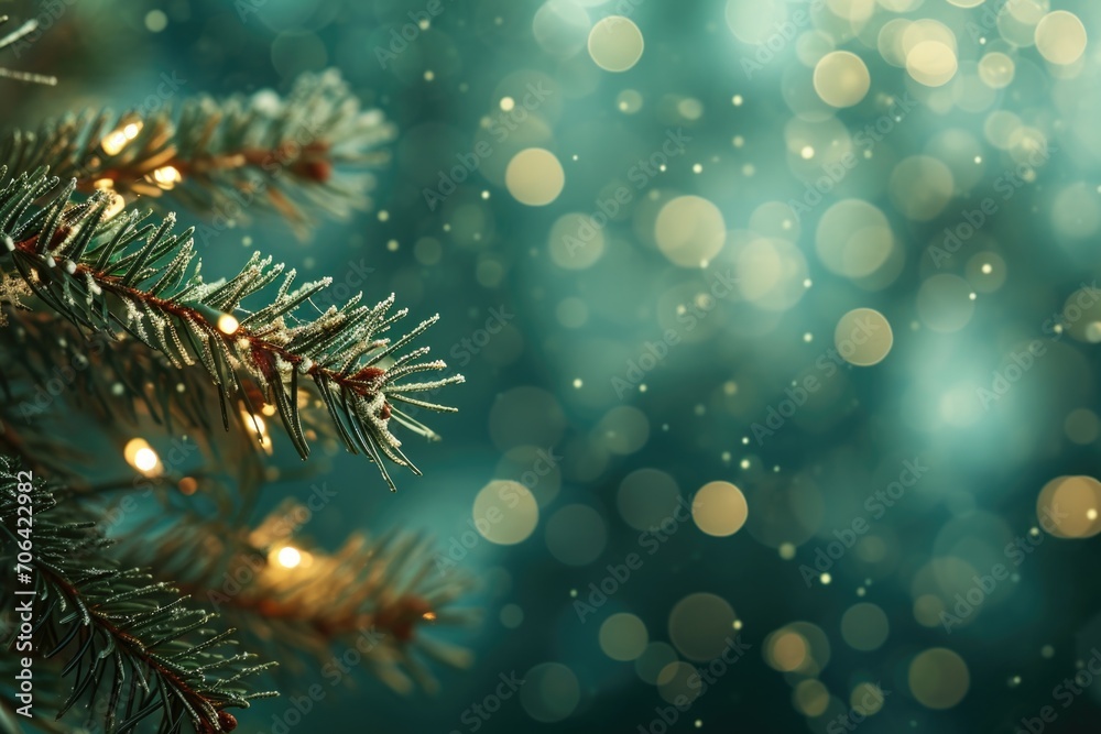 Poster A close-up view of a Christmas tree with beautiful lights in the background. Perfect for adding a festive touch to any holiday-themed project