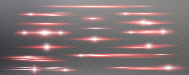 Set of realistic vector red stars png. Set of vector suns png. Red flares with highlights. Horizontal light lines, laser, flash. - obrazy, fototapety, plakaty