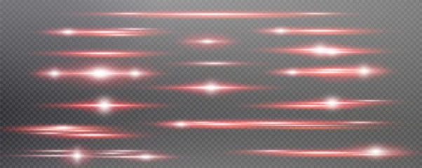 Fotobehang Set of realistic vector red stars png. Set of vector suns png. Red flares with highlights. Horizontal light lines, laser, flash. © Александр Боярин