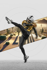 Dynamic image of man, American football player in motion over light background with desert, cactus element. Concept of sport event, championship, betting, game. Poster for ad