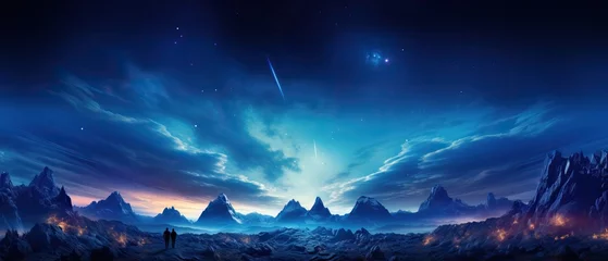 Foto op Plexiglas Futuristic fantasy landscape, sci-fi landscape with planet, neon light, cold planet © Tatsiana