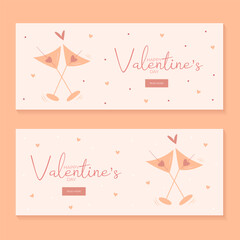 Set of hand draw banners with two glasses of martini, hearts for Valentine's day. Happy Valentine's day and button read more. Peach fuzz, red, brow and pink colors.Cartoon style.Vector illustration