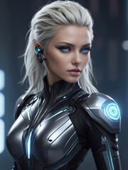 Naklejka premium photography of a Sexy Goddess of Thunder in a high-tech suit, futuristic cyberpunk style. ai generative