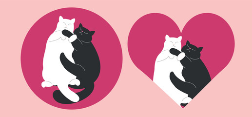 cute cartoon valentine sleepy lazy cats hugging. romantic funny stickers with black and white kittens