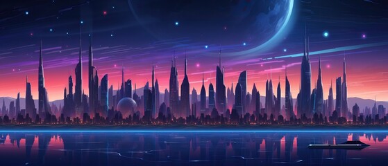 Retro futuristic synthwave retrowave styled night cityscape with sunset on background. Cover or banner template for retro wave music - obrazy, fototapety, plakaty