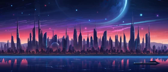 Fotobehang Retro futuristic synthwave retrowave styled night cityscape with sunset on background. Cover or banner template for retro wave music © Tatsiana