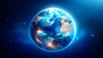 Globe Terrestre flottant dans l'espace bleu idéal pour articles sur le climat, la terre, l’environnement, la technologie, l'écologie, l'espace, l'univers - obrazy, fototapety, plakaty