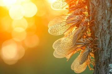 Cicada symphony at sunset, a mesmerizing image capturing a group of cicadas in the warm glow of the sunset.