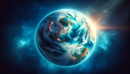 Globe Terrestre flottant dans l'espace bleu idéal pour articles sur le changement climatique, émissions de gaz a effet de serre, la terre, l’environnement, l'écologie, l'espace, l'univers - obrazy, fototapety, plakaty