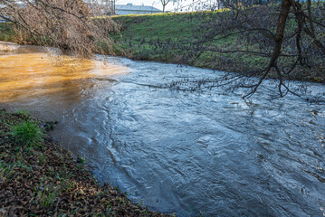 Rised water level in the creek after snow melted. Flood risk. Global warming concept