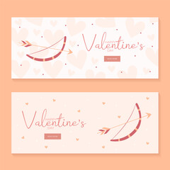 Set of hand draw banners with bow and arrow hearts for Valentine's day. Happy Valentine's day and button read more. Peach fuzz, red, brow and pink colors.Cartoon style. Web vector illustration