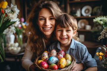 Fototapeta na wymiar Sweet family portrait of a happy mother and little son holding a wicker basket full of painted colorful Easter eggs