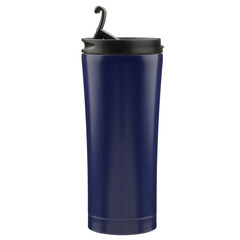 Thermo bottle isolated on white background with clipping path. navy blue color thermos, isolated background.