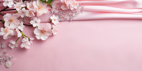bouquet of flowers,Spring almond blossom flowers and petals over light pink background,A pink wall with a pink background with a branch that has white flowers on it.Almond blossoms bouquet on pink  - obrazy, fototapety, plakaty