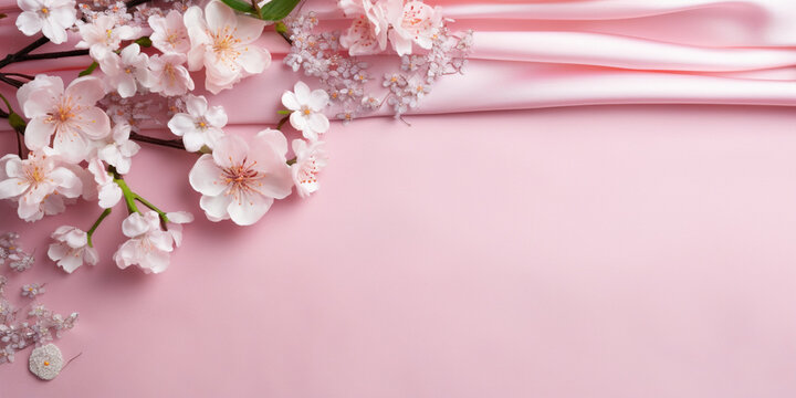 Fototapeta bouquet of flowers,Spring almond blossom flowers and petals over light pink background,A pink wall with a pink background with a branch that has white flowers on it.Almond blossoms bouquet on pink 