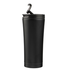 Thermo bottle isolated on transparent background with clipping path. Black color thermos, png isolated background.