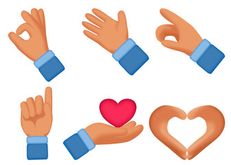 3D vector illustration of cartoon hand signing in various poses related to love or Valentine's Day.