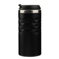 Thermo bottle isolated on transparent background. Black color thermos, png isolated background. Good design. - obrazy, fototapety, plakaty