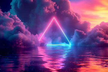 Abstract neon glowing triangle surrounded by fog and clouds. Modern design background
