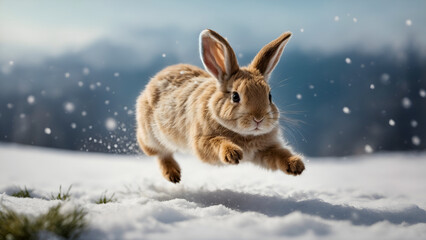 A brown rabbit running alone through a snowy forest. a snowy midwinter landscape. Generative Ai
