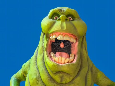 Madrid, Spain; 01-03-2024: Life-size figure of Slimer, the green ghost made of mucus from the Ghostbusters movies