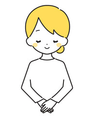 黄色｜笑顔でお辞儀をする女性｜私服