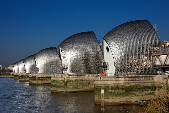 The Thames Flood Barrier on the river Thames in London England UK