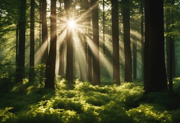 Obraz premium Beautiful rays of sunlight in a green forest
