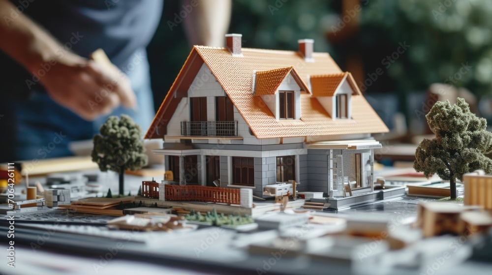 Poster a model house placed on a table. perfect for real estate or architecture concepts