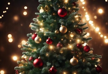 Obraz na płótnie Canvas Christmas background Xmas tree with snow decorated with garland lights holiday festive background