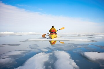 kayak approaching open water area in ice