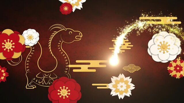 Animation of dragon, shooting star over chinese pattern