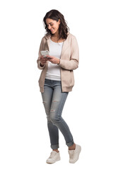 A female in casual outfit holding a smartphone Isolated