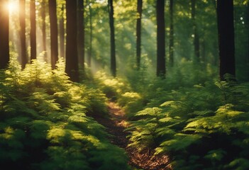 Forest panorama with sun rays