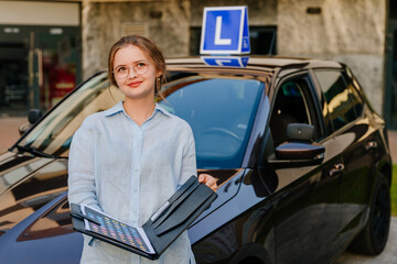 Young girl, wearing glasses, holds a folder with study materials for driver's school, dreaming of successful passing of the driving license exam. In background, a car with an L sign on roof.