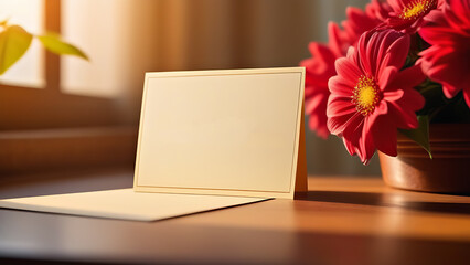 postcard on the table next to spring flowers, blank postcard template