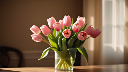 a bouquet of beautiful pink tulips stands in a vase, happy women's day