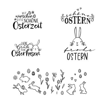 Collection of lovely hand drawn easter greetings with text in german "Happy Easter" cute hand drawn bunnies, eggs and decoration - vector design