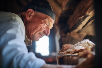 baker removing bread from a stone oven using a wooden peel - obrazy, fototapety, plakaty