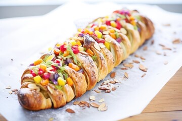 a danish braid with fruit filling on a parchment paper