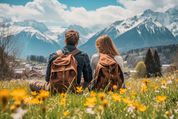 Fototapeta na wymiar Together in Tranquility: A Couple's Retreat Amidst Spring Mountains, selective focus