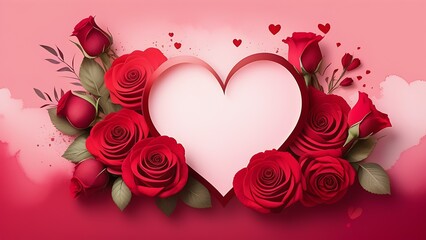 red hearts on the right on a pink background with a free space in the middle and red roses on the left on a pink background