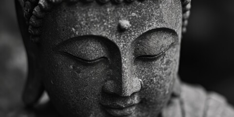 A black and white photo of a Buddha statue. Can be used for spiritual and meditation themes