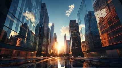 Foto auf Acrylglas Low angle view of skyscrapers, hyperrealistic © DesignBee