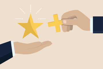 Value added, development for more benefit concept, increase value or additional advantage, businessman hand holding star value and another added plus sign to it.