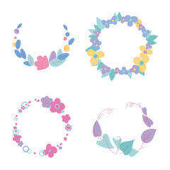 The collection of wreaths. Frame with botanical composition. Flowers and leaves. Minimalism. Flat. Vector illustration, isolated objects on white background.