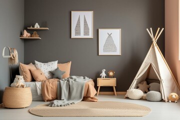 Scandi-style mock-up child room with wood frame wall, bed, and workplace. 3D rendering of high-quality interior design illustration. Generative AI