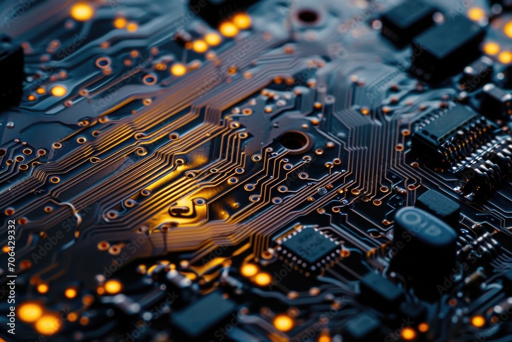 Poster A detailed close-up of a computer circuit board. Ideal for technology-related designs and concepts