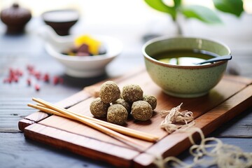 cacao date balls on bamboo mat with green tea - obrazy, fototapety, plakaty